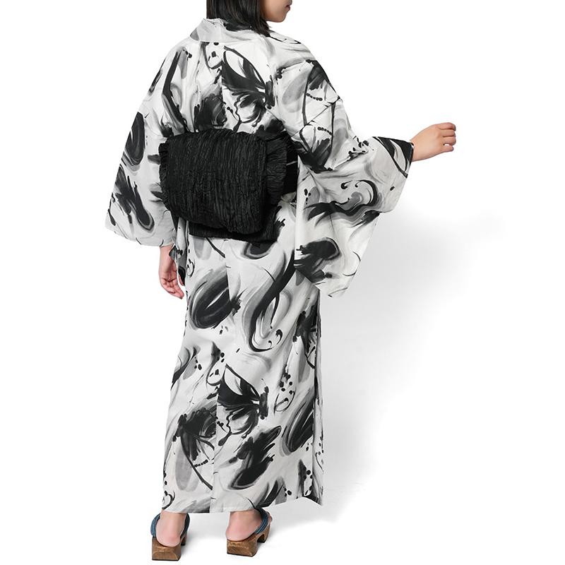 【新品未使用】浴衣　ゆかた　Lサイズ　白✖黒ホワイト✖ブラック L 浴衣 筆と蝶 オフ白 黒 セパレート 二部式 モノトーン レディース