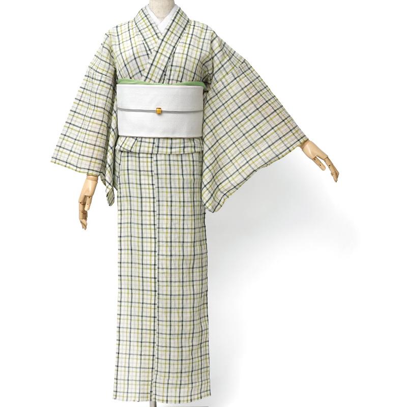 着物 単衣 小千谷縮 チェック 格子 白 黄緑 麻 苧麻 上布 夏 浴衣