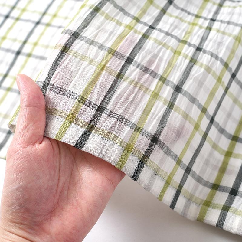 着物 単衣 小千谷縮 チェック 格子 白 黄緑 麻 苧麻 上布 夏 浴衣