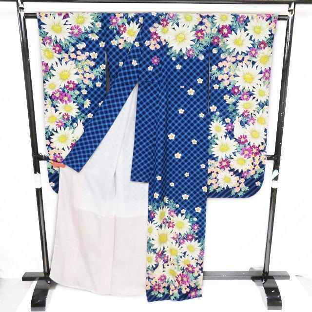 振袖 着物 中古 正絹 MIIA ミーア 花模様 斜め格子 兎 青系色 多色 金  