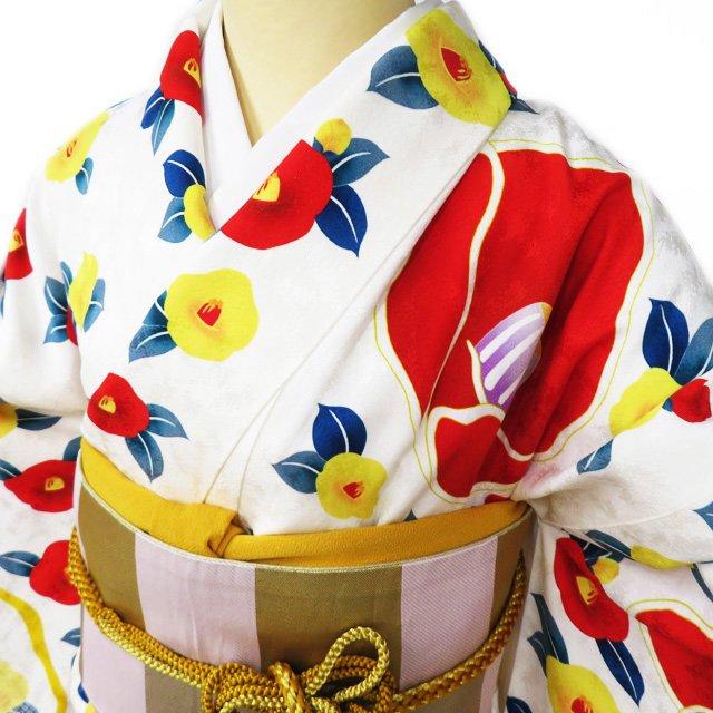 振袖 着物 中古 リサイクル 正絹 花模様 椿 鹿の子模様 白色 多色 身丈 