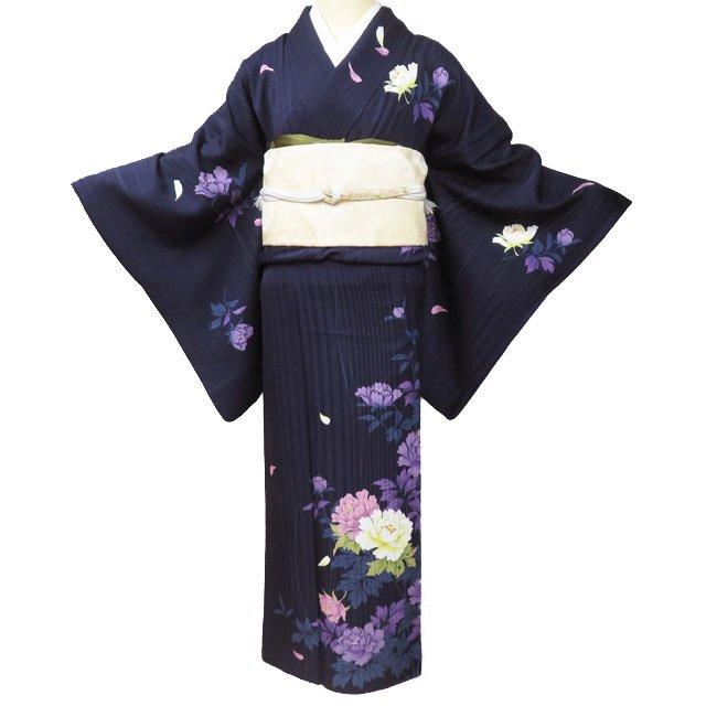訪問着 着物 未使用 正絹 袷 フォーマル 花模様 牡丹 紫黒色 多色 身丈 