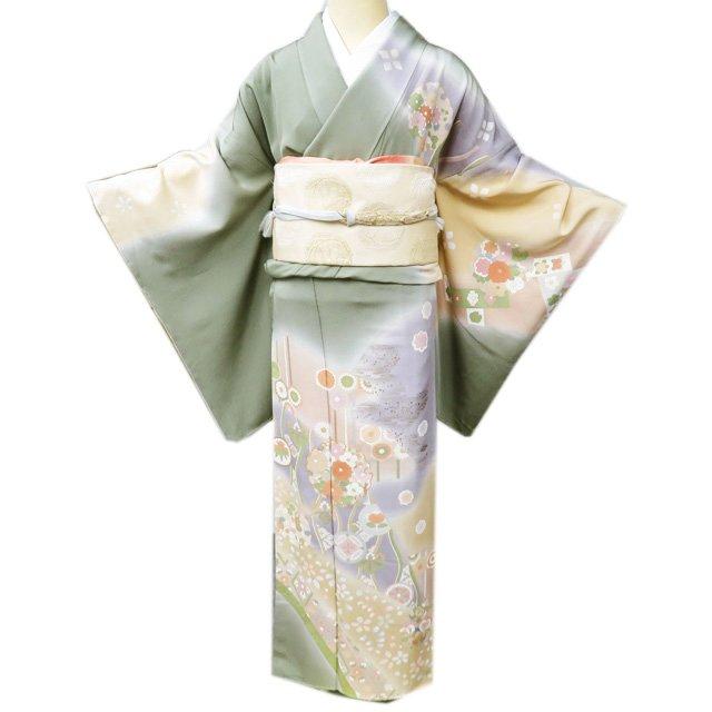 訪問着 着物 未使用 正絹 袷 作家物 落款 金駒刺繍 花模様 雪輪 白茶色