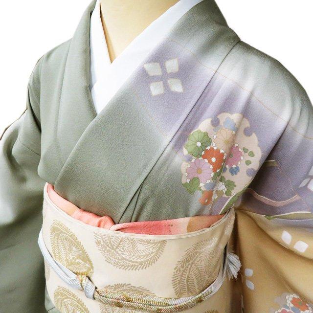 訪問着 着物 未使用 正絹 袷 作家物 落款 金駒刺繍 花模様 雪輪 白茶色 