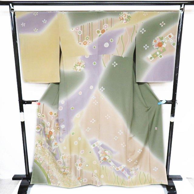 訪問着 着物 未使用 正絹 袷 作家物 落款 金駒刺繍 花模様 雪輪 白茶色