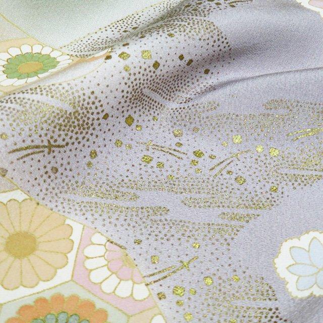 訪問着 着物 未使用 正絹 袷 作家物 落款 金駒刺繍 花模様 雪輪 白茶色