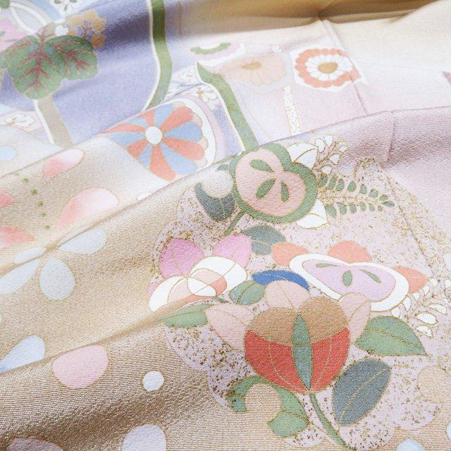 訪問着 着物 未使用 正絹 袷 作家物 落款 金駒刺繍 花模様 雪輪 白茶色