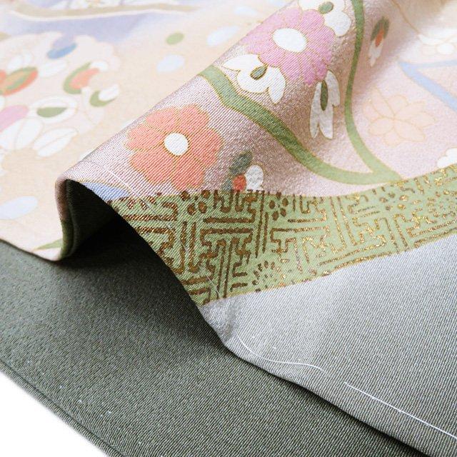 訪問着 着物 未使用 正絹 袷 作家物 落款 金駒刺繍 花模様 雪輪 白茶色