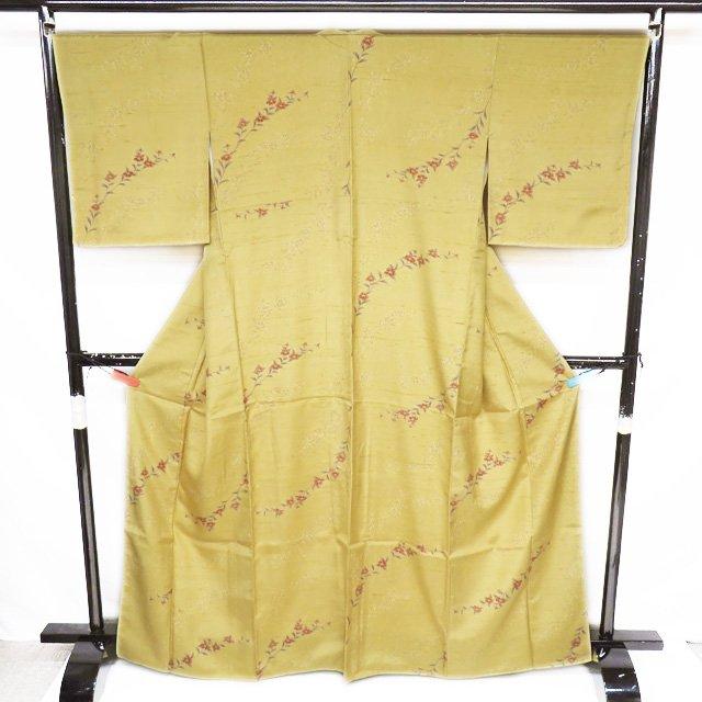 白山紬 着物 中古 正絹 袷 カジュアル 花模様 麦藁色 多色 身丈165.5cm