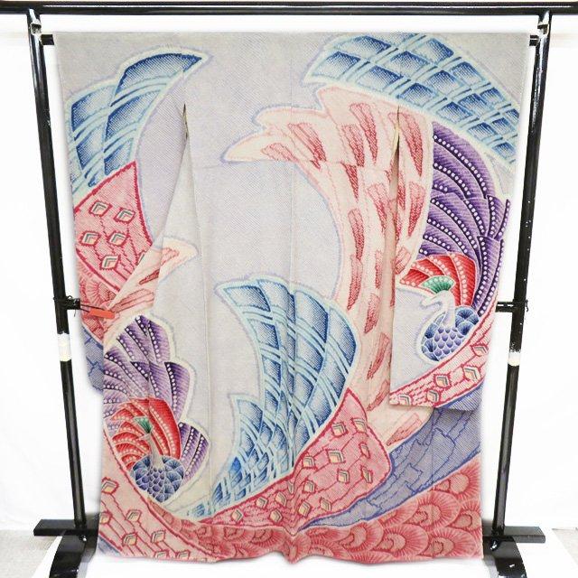 振袖 襦袢 2点 セット 着物 中古 きぬたや 藤娘 絞り染め 孔雀 赤系色  