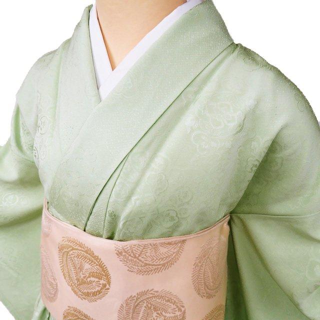 色無地 着物 中古 正絹 袷 フォーマル 紋付き 地模様 華紋 薄緑色 身丈  