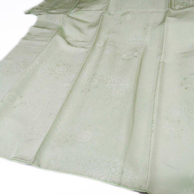 色無地 着物 中古 正絹 袷 フォーマル 紋付き 地模様 華紋 薄緑色 身丈  