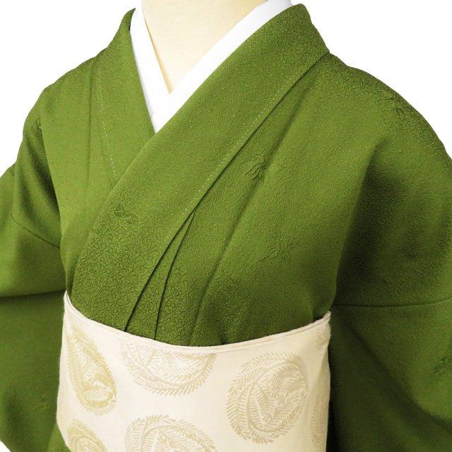 単衣　正絹　色無地　一つ紋　裄67 L 綸子　緑　グリーン 単衣正絹色無地一つ紋裄67 L 綸子緑グリーン