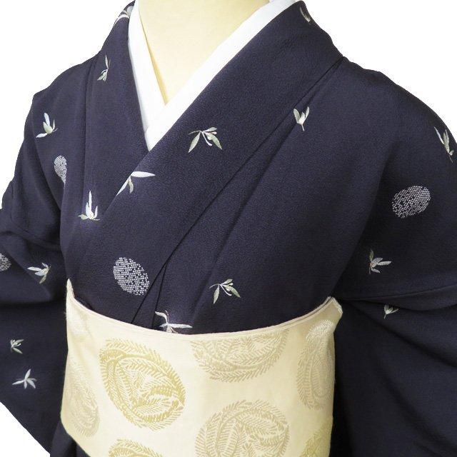 小紋 着物 中古 単衣 正絹 カジュアル 雪輪鹿の子 植物文様 藍墨茶色 