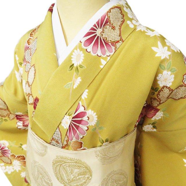 小紋 着物 中古 正絹 袷 カジュアル 縮緬地 花模様 桜 菊 芥子色 多色 金 身丈166.5cm 裄70cm L トール きもの北條 A1024-4 小紋 着物 中古 正絹 袷 カジュアル 縮緬地 花模様 桜 菊 芥子色 多色