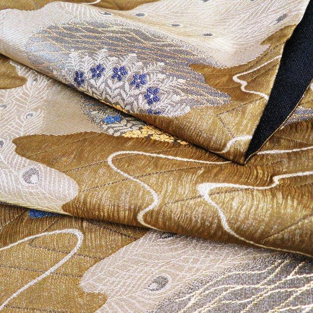 千地泰弘　袋帯 中古 リサイクル 正絹 フォーマル 仕立て上がり 六通 孔雀の羽の図 銀通し 桑茶色 茶系色 多色 金 きもの北條 A1027-12 千地泰弘 袋帯 中古 リサイクル 正絹 フォーマル 仕立て上がり 六通
