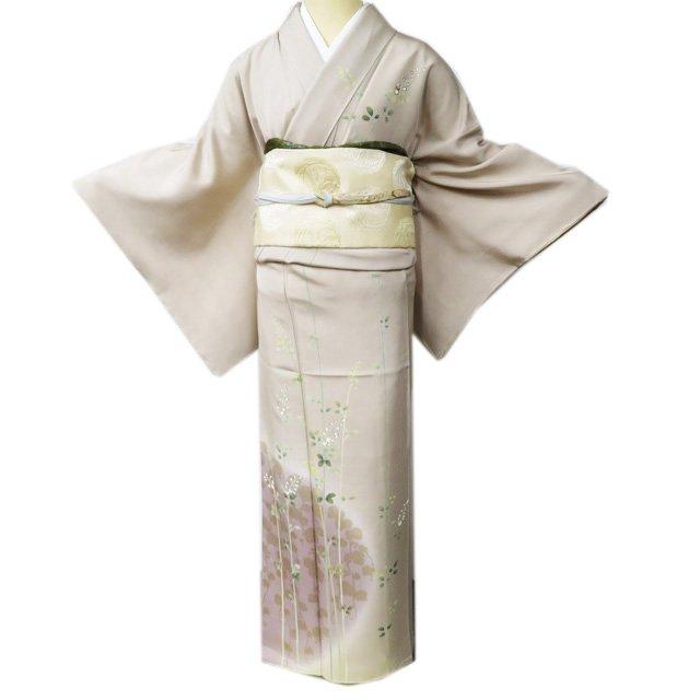 訪問着 着物 未使用 正絹 袷 フォーマル 草花の図 白茶色 多色 金 身丈