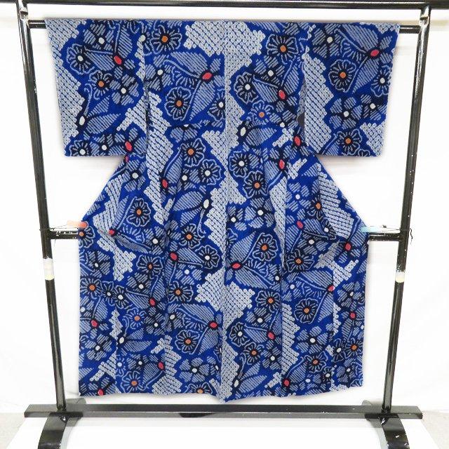 夏物 浴衣 着物 中古 木綿 カジュアル 絞り染め 花模様 瑠璃色 多色 身丈152cm 裄62cm SA きもの北條 A1031-3 夏物 浴衣 着物 中古 木綿 カジュアル 絞り染め 花模様 瑠璃色 多色