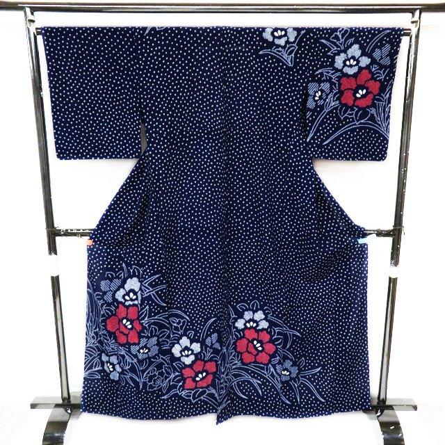 夏物 浴衣 着物 中古 木綿 カジュアル 絞り染め 花模様 濃紺色 多色 身丈163cm 裄66cm L きもの北條 A1031-5 夏物 浴衣 着物 中古 木綿 カジュアル 絞り染め 花模様 濃紺色 多色
