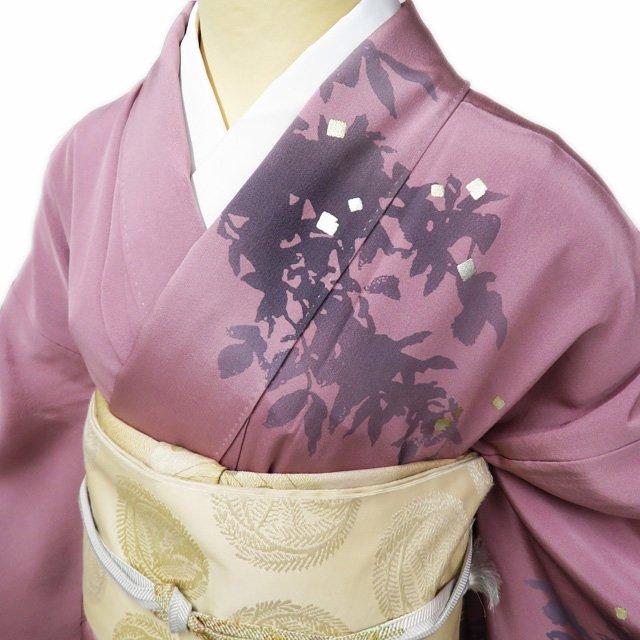 訪問着 着物 中古 正絹 袷 フォーマル 紋付き 樹木の図 暈し 紅