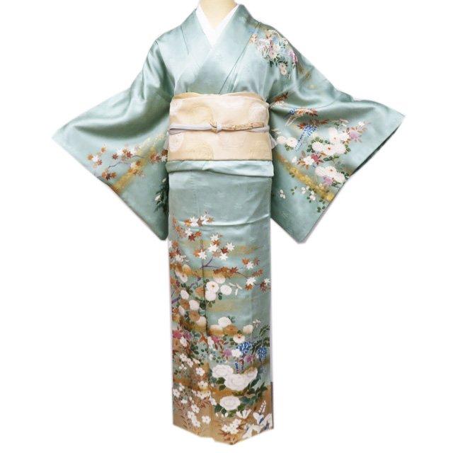 訪問着 着物 中古 正絹 袷 フォーマル 金彩 花の図 地模様 浅緑色 多色 