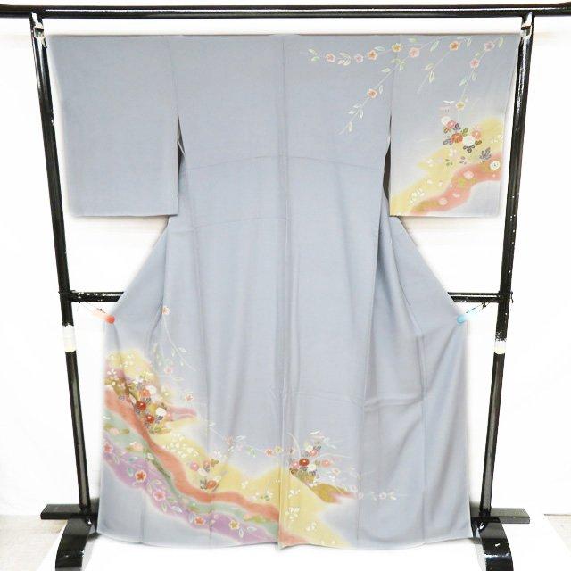 訪問着 着物 中古 正絹 袷 フォーマル 花の図 ぼかし染め 暈し 薄墨色 多色 身丈169cm 裄66cm L トール お得 きもの北條 A1001-7 訪問着 着物 正絹 袷 園部正典 墨流し染 ライトベージュ 桜 花