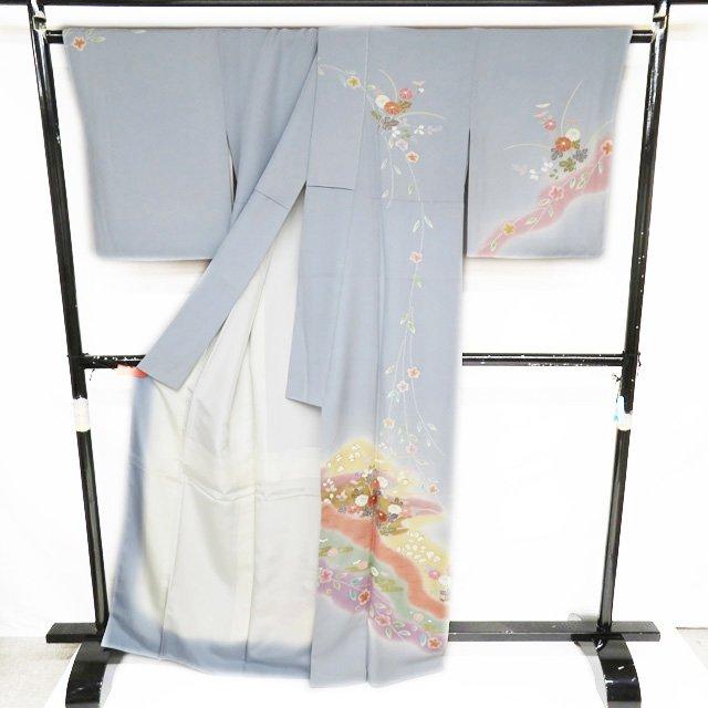 訪問着 着物 中古 正絹 袷 フォーマル 絞り 花の図 秋草 淡青色 多色 