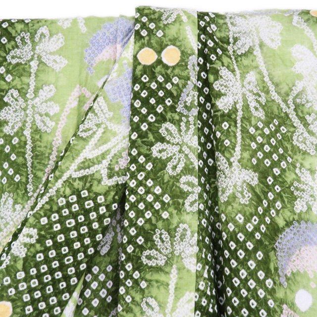 夏物 浴衣 着物 中古 木綿 カジュアル 絞り染め 花と蝶模様 風鈴 草色