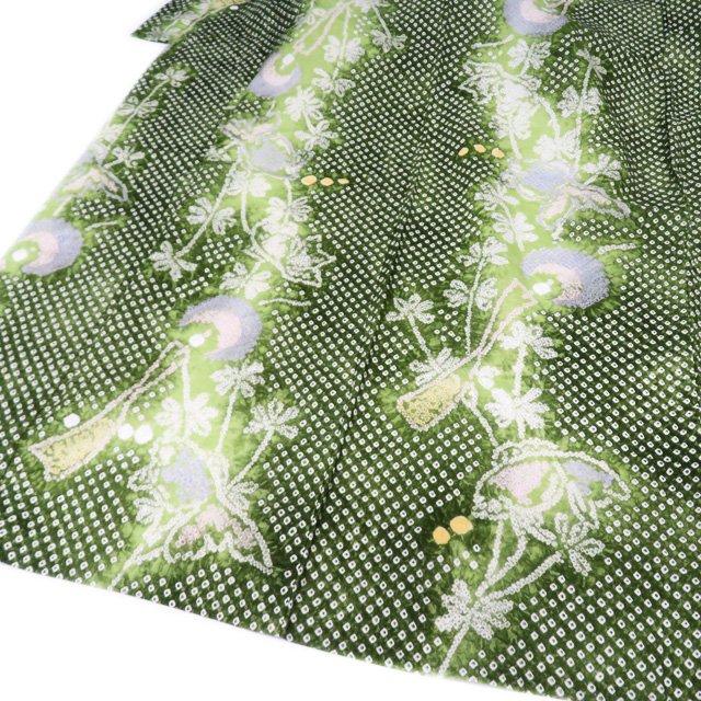 夏物 浴衣 着物 中古 木綿 カジュアル 絞り染め 花と蝶模様 風鈴 草色