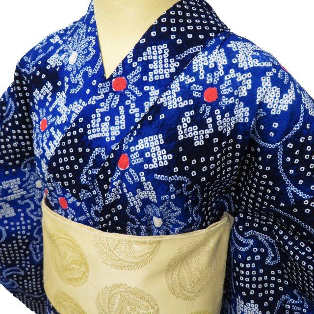夏物 浴衣 着物 中古 木綿 カジュアル 絞り染め 花と雪輪模様 濃紺色 群青色 多色 身丈155.5cm 裄65cm SA きもの北條 A1035-11 夏物 浴衣 着物 中古 木綿 カジュアル 絞り染め 花と雪輪模様 濃紺色