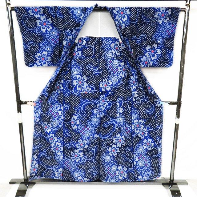 夏物 浴衣 着物 中古 木綿 カジュアル 絞り染め 花と雪輪模様 濃紺色 