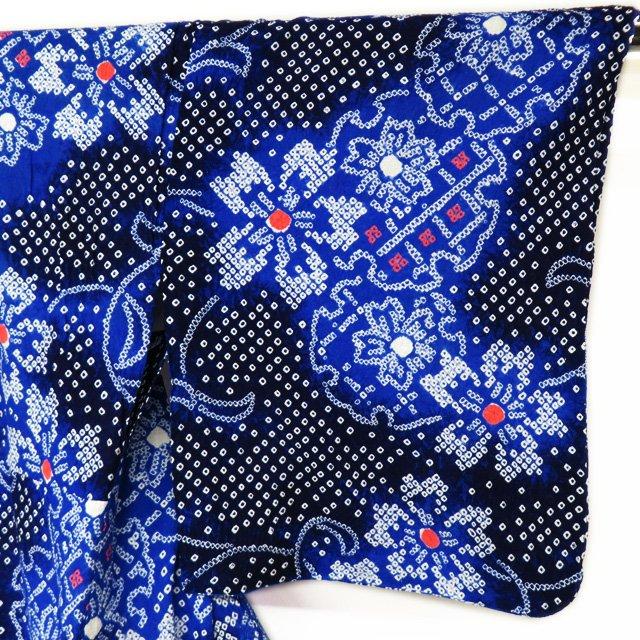 夏物 浴衣 着物 中古 木綿 カジュアル 絞り染め 花と雪輪模様 濃紺色 