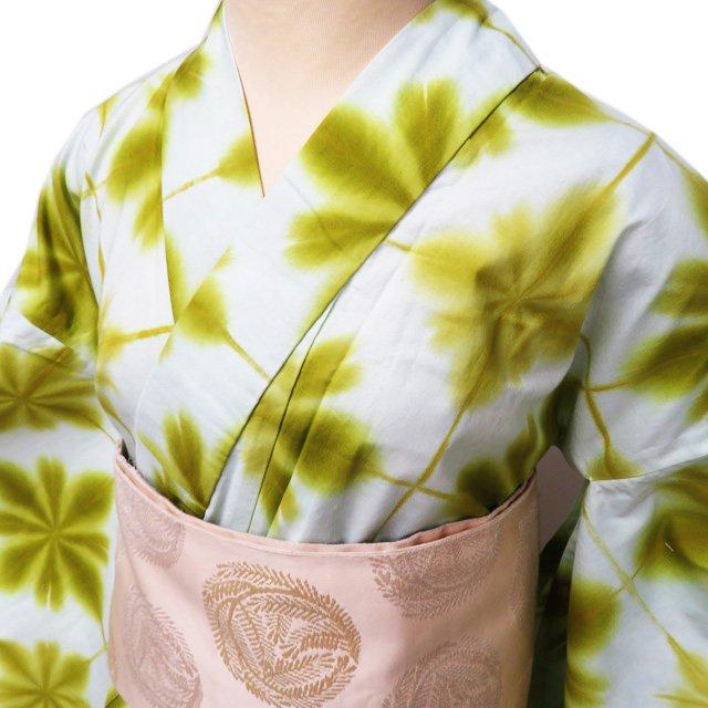 夏物 浴衣 着物 未使用 木綿 カジュアル 板締め絞り 鶯色 多色 身丈 