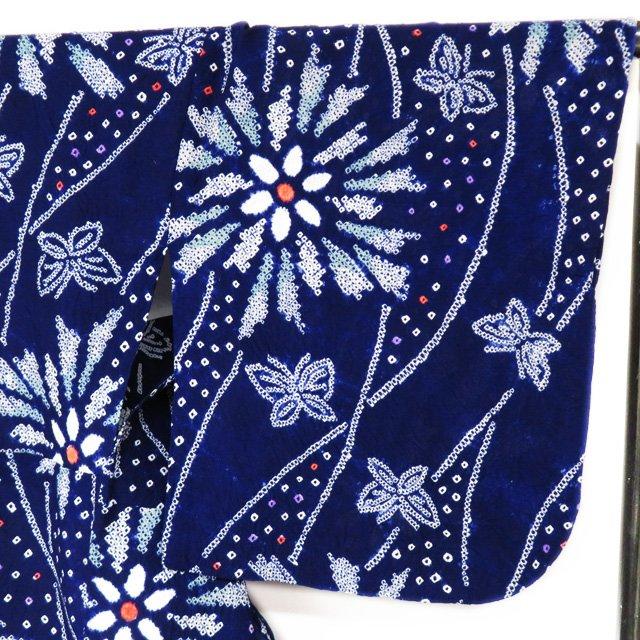 夏物 浴衣 着物 中古 木綿 カジュアル 絞り染め 花と蝶模様 濃紺色 多色 身丈154.5cm 裄67cm SA きもの北條 A1035-9 夏物 浴衣 着物 中古 木綿 カジュアル 絞り染め 花と蝶模様 濃紺色 多