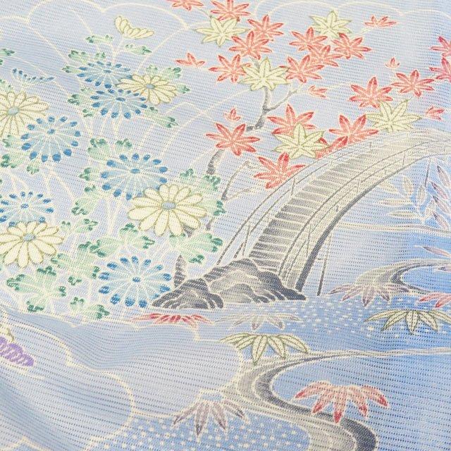 夏物 浴衣 小紋 着物 中古 ポリエステル 絽 流水に垣と花模様