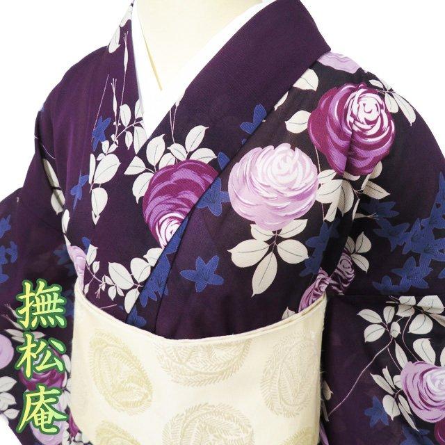 夏物 浴衣 小紋 着物 中古 ポリエステル カジュアル 撫松庵 花