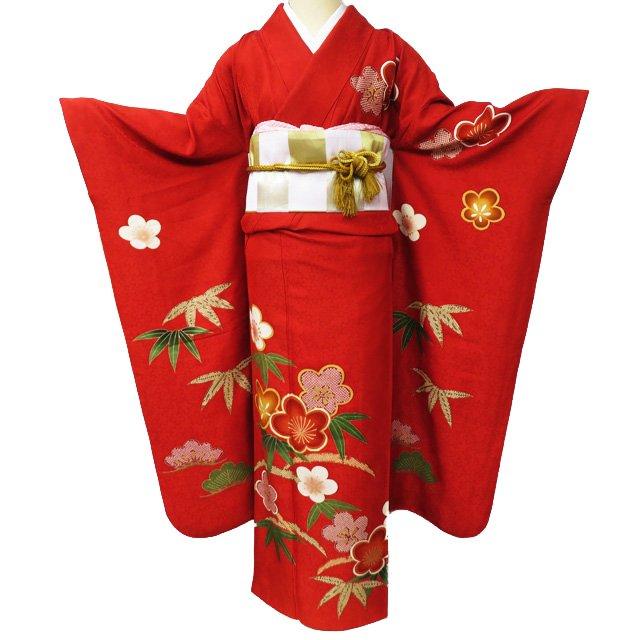 振袖 着物 中古 リサイクル 正絹 フォーマル 金駒刺繍 松竹梅模様 緋色