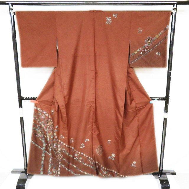 本場 大島紬 着物 中古 袷 セミフォーマル ラベル付き 汕頭刺繍 花模様 
