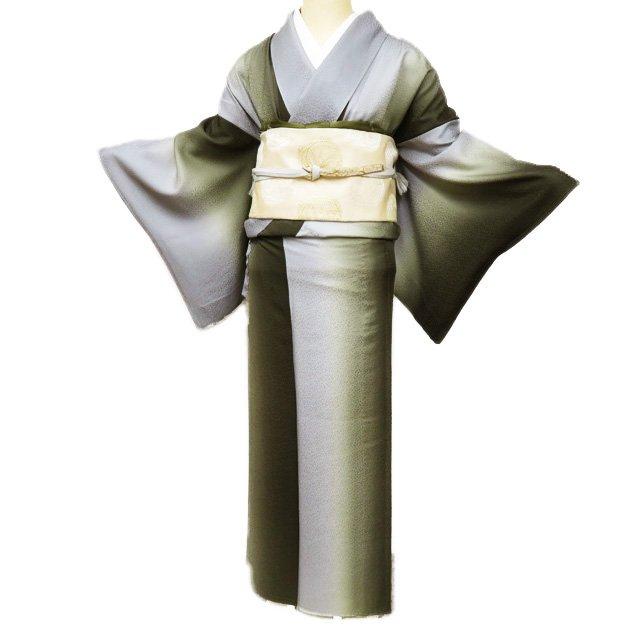 小紋 着物 中古 単衣 カジュアル やまと誂製 暈し 地模様 唐草模様 薄灰色 媚茶色 身丈154cm 裄67cm SA きもの北條 A1046-1 小紋 着物 中古 単衣 カジュアル やまと誂製 暈し 地模様 唐草模様 薄