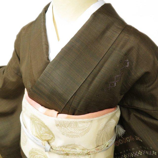 紬地 着物 中古 花織風刺繍 正絹 袷 セミフォーマル 茶系色 多色 身丈 