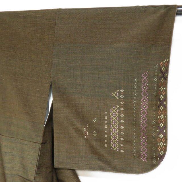 紬地 着物 中古 花織風刺繍 正絹 袷 セミフォーマル 茶系色 多色 身丈 