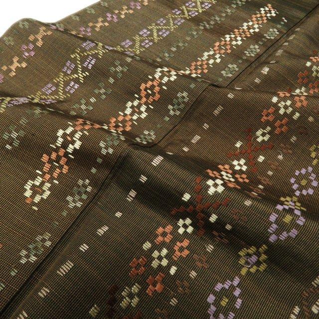 紬地 着物 中古 花織風刺繍 正絹 袷 セミフォーマル 茶系色 多色 身丈 