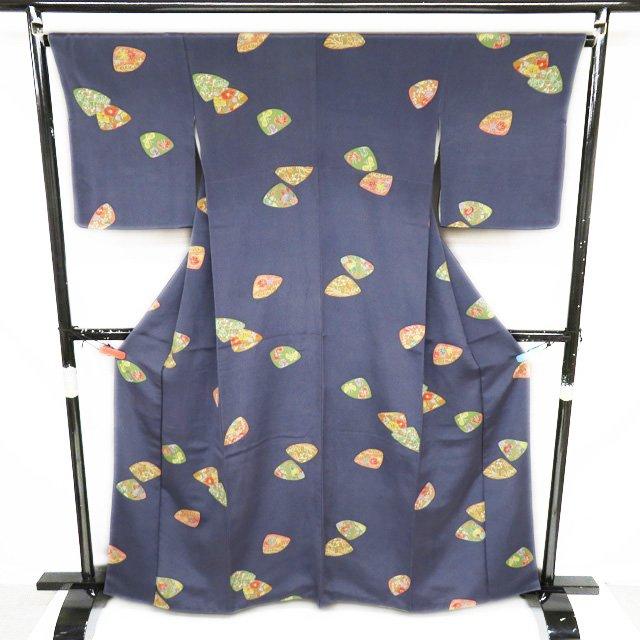 小紋 着物 中古 正絹 袷 カジュアル 縮緬地 ちりめん 貝合わせ 花模様  