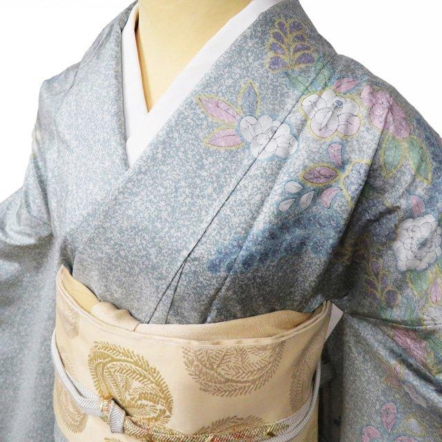 大島紬 着物 中古 正絹 袷 セミフォーマル 辻が花 絞り 灰みの青系色