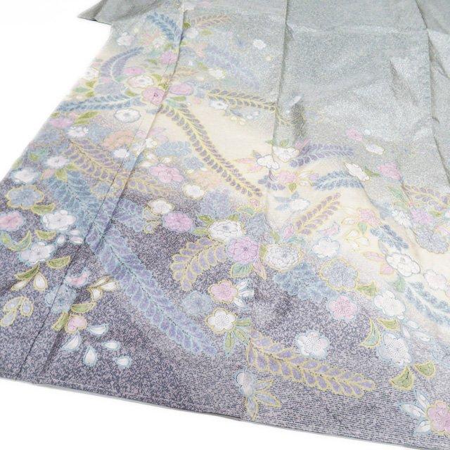 大島紬 着物 中古 正絹 袷 セミフォーマル 辻が花 絞り 灰みの青系色