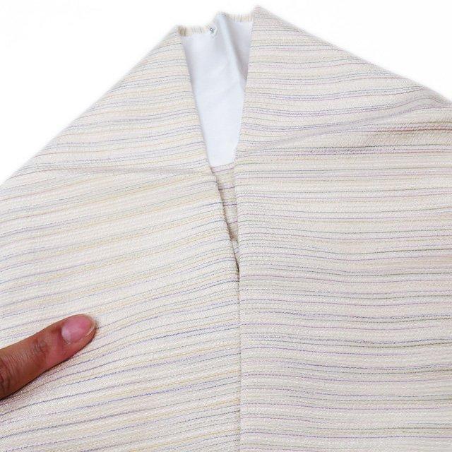 塩沢 着物 中古 単衣 カジュアル 横縞模様 練色 多色 身丈157.5cm 裄  