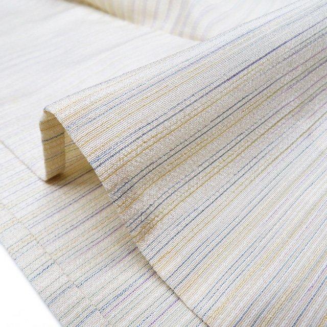 塩沢 着物 中古 単衣 カジュアル 横縞模様 練色 多色 身丈157.5cm 裄  