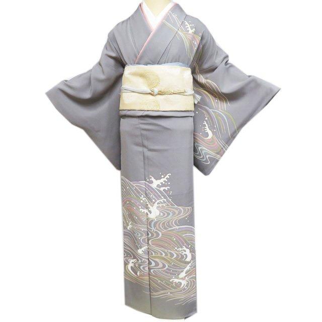 訪問着 着物 中古 正絹 袷 フォーマル 紋付き 波文 灰色 多色 身丈 