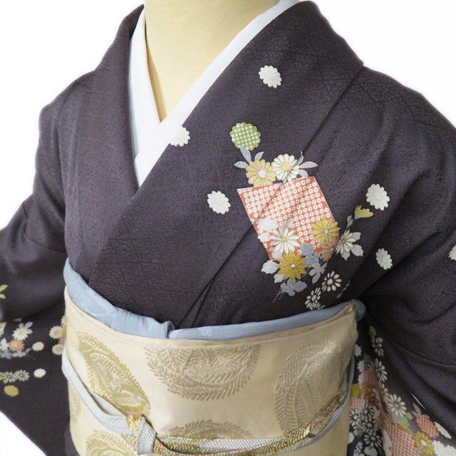 訪問着 着物 中古 袷 フォーマル 金駒刺繍 花の図 宝物 地模様 消炭色 多色 金 身丈166cm 裄68.5cm L トール きもの北條 A1053-6 訪問着 着物 中古 袷 フォーマル 金駒刺繍 花の図 宝物 地模様 消炭色