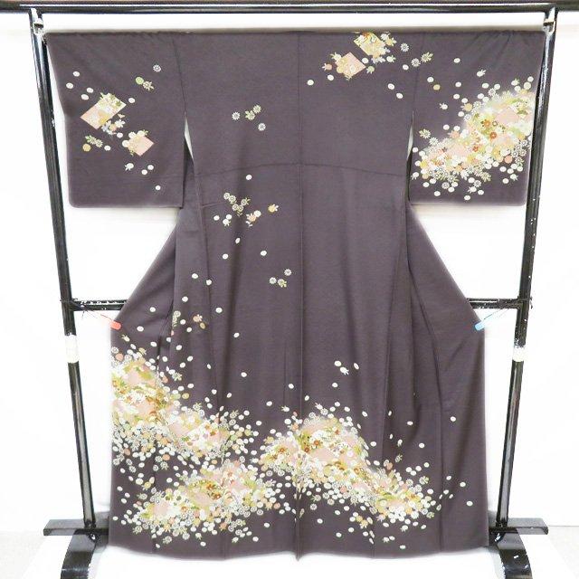 訪問着 着物 中古 袷 フォーマル 金駒刺繍 花の図 宝物 地模様 消炭色 多色 金 身丈166cm 裄68.5cm L トール きもの北條 A1053-6 訪問着 着物 中古 袷 フォーマル 金駒刺繍 花の図 宝物 地模様 消炭色